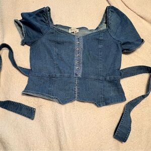 Blue Denim Button Down Puff Sleeve Top